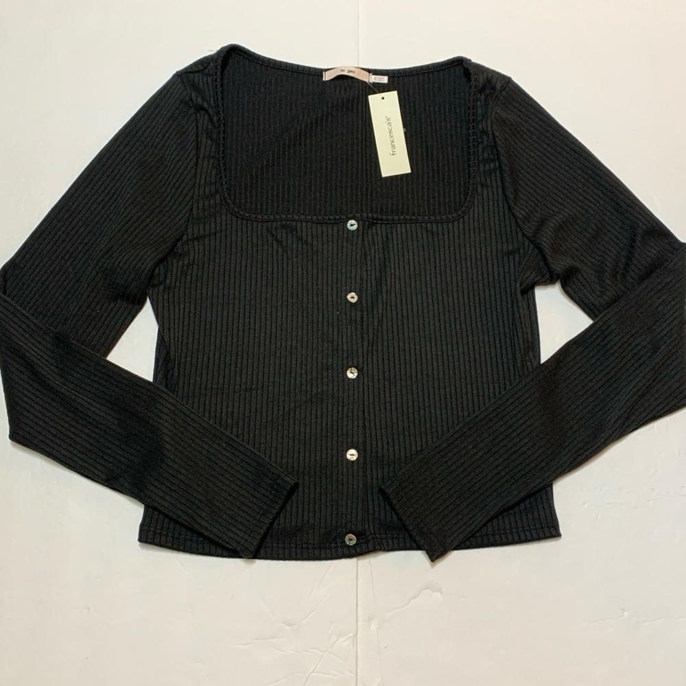 NWT Francesca’s Y2k Babydoll Top Square Neckline Long Sleeve Black Sz L